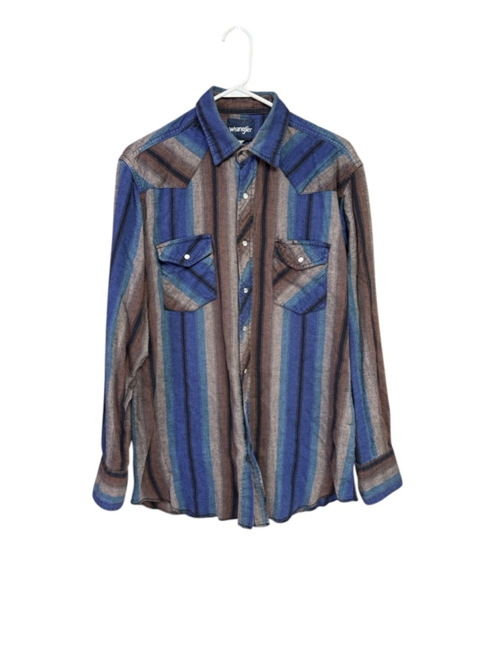 Wrangler Men’s Blue and Brown Striped Pearl Snap-Front Western Shirt  XL